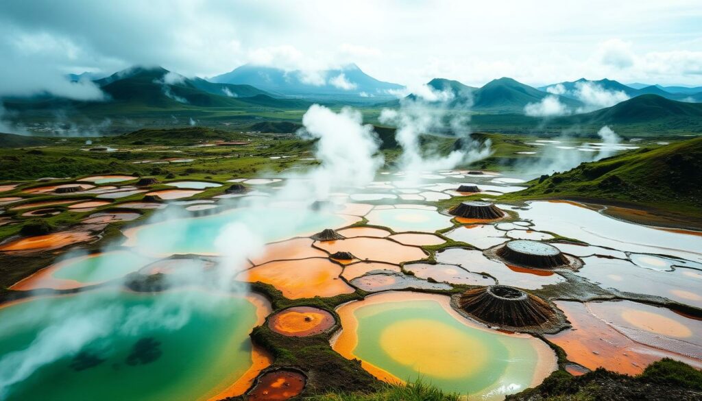 A geothermal wonderland in the Azores: a lush, verdant valley dotted with steaming fumaroles and bubbling hot springs, surrounded by rolling green hills and distant volcanic peaks. In the foreground, translucent pools of mineral-rich waters simmer and boil, their colors ranging from vibrant turquoise to deep ochre. Wispy plumes of steam rise from the springs, casting a hazy, ethereal glow over the scene. The middle ground features a patchwork of small mud volcanoes and thermal vents, their surfaces encrusted with colorful mineral deposits. In the background, the rugged, undulating silhouettes of the volcanic landscape recede into the horizon, creating a dramatic, otherworldly atmosphere. Diffused natural light filters through the mist, illuminating the scene with a soft, ethereal quality.