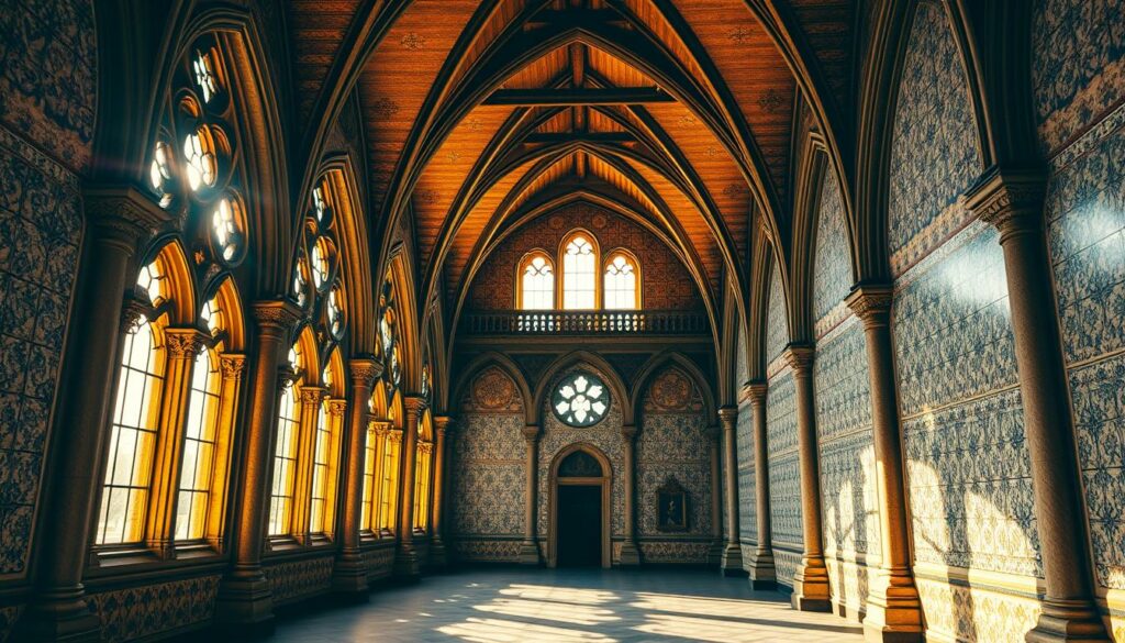 A grand Gothic cloister with exquisite Azulejo tiles adorning the walls, bathed in warm, golden sunlight filtering through arched windows. Intricate stone columns and vaulted ceilings create a captivating play of light and shadow, evoking a serene, contemplative atmosphere. Intricate floral and geometric patterns in shades of blue, white, and ochre cover the tiled surfaces, reflecting the rich artistic heritage of Porto. The cloister's peaceful, meditative ambiance invites the viewer to pause and appreciate the beauty of this architectural masterpiece, a true highlight of the Catedral do Porto.