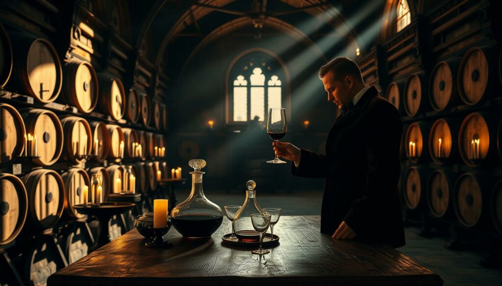 A grand baroque port wine cellar, dimly lit by flickering candles. Aged oak barrels line the walls, casting long shadows across the stone floor. Antique glass decanters and crystal glasses glint on a heavy oak table, hinting at centuries of tradition and connoisseurship. A lone figure, dressed in a velvet smoking jacket, swirls a glass of rich, ruby-red port, contemplating its deep, complex flavors. Beams of warm light filter through high arched windows, illuminating the room's timeless elegance and cultural significance. An atmosphere of refined sophistication, where the history and heritage of port wine is palpable.