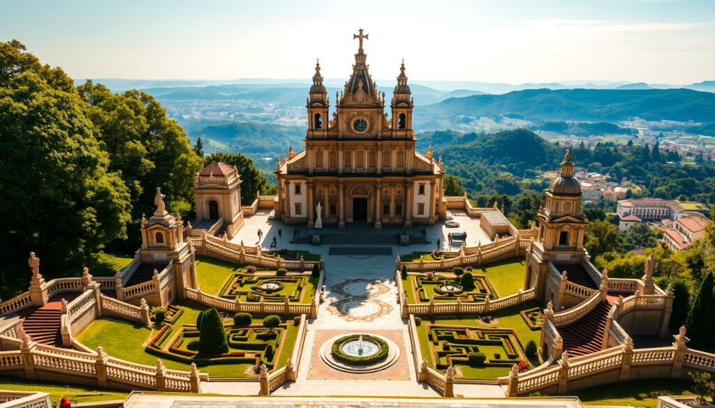 A grand, baroque-style cathedral set atop a lush, verdant hillside, the Bom Jesus do Monte Sanctuary in Braga, Portugal commands an awe-inspiring presence. Elegant stone staircases wind up the slope, leading visitors through a serene landscape of gardens and fountains. The towering facade, adorned with intricate carvings and statues, is bathed in warm, golden light, casting a reverent atmosphere. Flanking the main structure, ornate wings and chapels extend, creating a harmonious, symmetrical composition. In the distance, the city of Braga can be seen nestled among rolling hills, completing the picturesque scene. This iconic landmark, with its blend of natural beauty and architectural grandeur, stands as a must-see destination for those exploring the rich cultural heritage of northern Portugal.