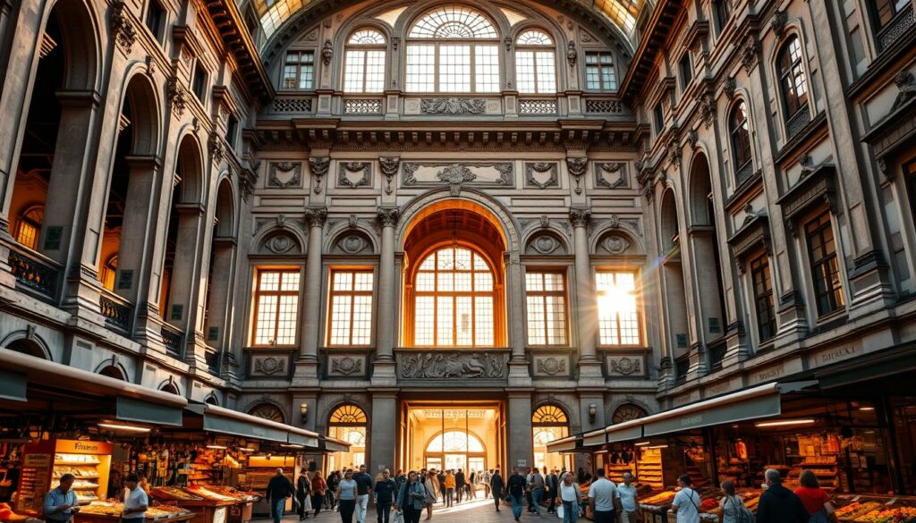 A grand, historic façade of the Mercado do Bolhão in Porto, Portugal. The iconic neoclassical architecture stands tall, with intricate columns, arched windows, and ornate details that exude a timeless elegance. Sunlight filters through the archways, casting warm, golden hues that illuminate the weathered stone walls. In the foreground, the bustling market scene comes to life, with vendors and shoppers moving through the vibrant, lively atmosphere. The middle ground reveals the vibrant colors and textures of the market stalls, while the background showcases the surrounding historic buildings that frame this architectural gem. The overall scene conveys a sense of timelessness, where the past and present seamlessly coexist within the heart of Porto.