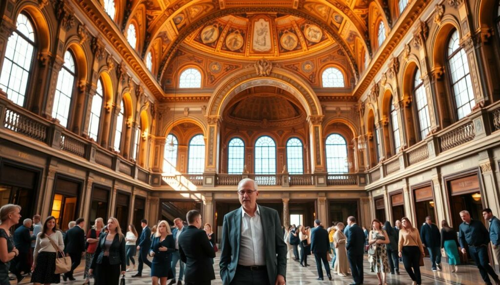 A grand interior of the Palácio da Bolsa in Porto, Portugal, showcasing the ornate architecture and elegantly dressed visitors milling about. Warm, golden lighting filters through the large windows, casting a soft glow on the intricate details of the gilded ceilings and polished marble floors. Groups of visitors pause to admire the breathtaking Moorish Revival-style atrium, their faces filled with wonder and awe. In the middle ground, a guide gestures animatedly, leading a tour group through the historic halls. The background is slightly blurred, emphasizing the stunning, well-preserved design of this 19th-century trading exchange building. An atmosphere of cultural exploration and appreciation permeates the scene.