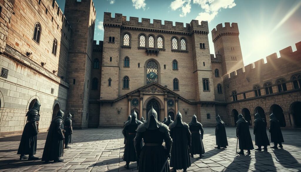 A grand medieval fortress stands tall, its weathered stone walls and soaring towers casting long shadows across a sprawling courtyard. Sunlight filters through stained glass windows, illuminating the intricate architectural details. In the foreground, a group of hooded, armored figures gather, their faces obscured, representing the mysterious and powerful Order of the Knights Templar. The scene evokes a sense of history, power, and the enigmatic legacy of these legendary warriors-turned-bankers who once commanded vast wealth and influence across Europe. A dramatic, cinematic lighting and a wide-angle lens capture the grandeur and magnitude of this historic site, transporting the viewer back to the height of the Crusades and the heyday of the Templars.