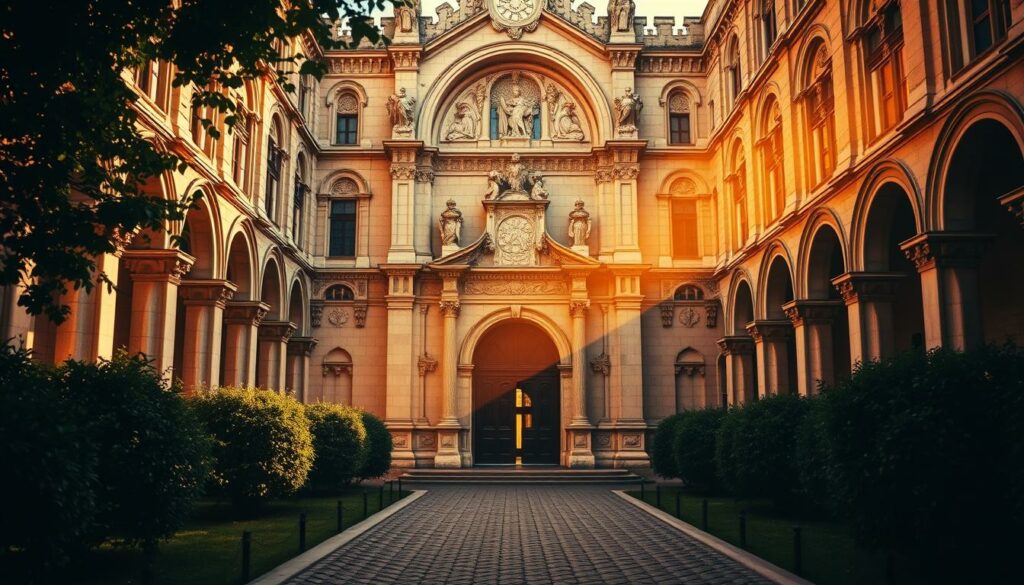 A grand, ornate façade of the Jerónimos Monastery in Lisbon, Portugal, bathed in warm, golden light. Towering arches and intricate stone carvings in the Manueline architectural style create an awe-inspiring, historic ambiance. Lush greenery and cobblestone pathways in the foreground lead the viewer towards the magnificent entrance, evoking the splendor of Portugal's Age of Discovery. Soft shadows and highlights accentuate the architectural details, while a hazy, romantic atmosphere envelops the scene, transporting the viewer to a bygone era of Portuguese grandeur and exploration.