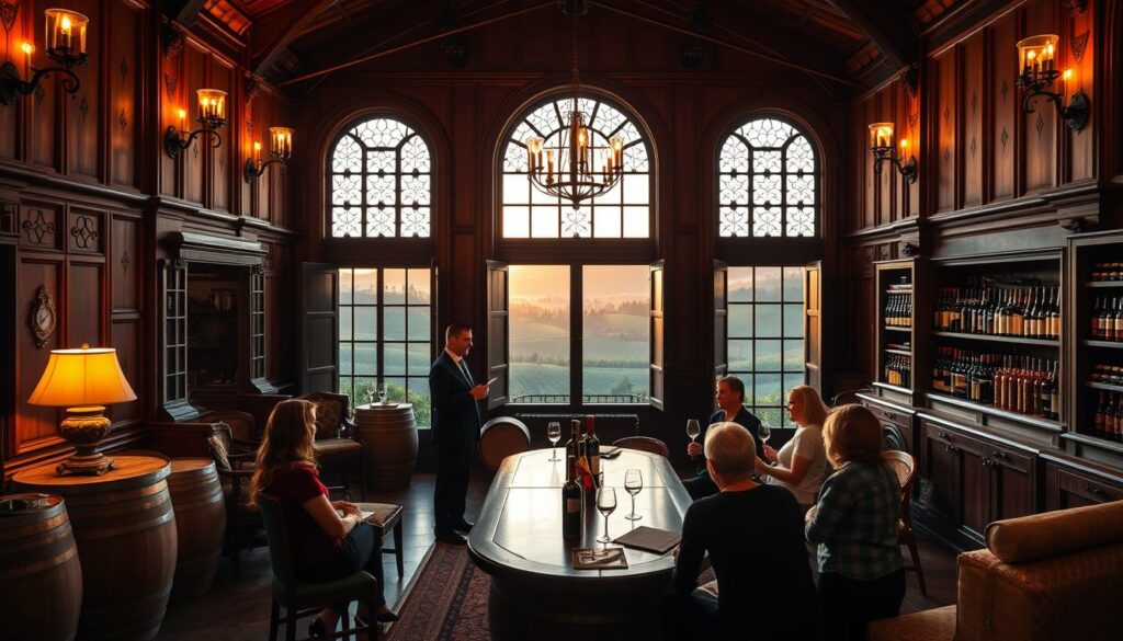 A grand, ornate historical winery with an elegant tasting room. Soft, warm lighting casts a cozy glow over the wood-paneled walls, adorned with vintage wine barrels and antique furnishings. A knowledgeable sommelier guides a small group through a guided wine tasting, sharing the rich history and flavors of the estate's renowned vintages. Tall windows overlook lush vineyards rolling across the Douro Valley, hazy in the golden hour light. The scene evokes a sense of timeless tradition and refinement, inviting the viewer to immerse themselves in the charm and legacy of this iconic wine destination.