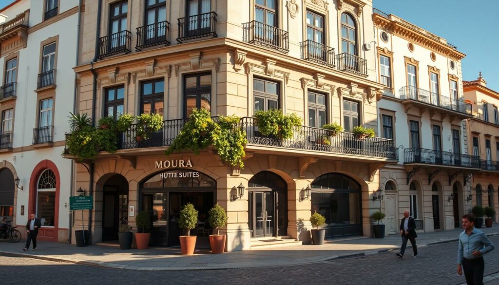 A grand, ornate hotel facade set against the historic backdrop of Évora's UNESCO-protected old town. The Moura Suites Hotel, with its elegant neoclassical architecture and detailed stonework, commands attention. Lush potted plants and wrought-iron balconies adorn the front, creating a warm, inviting atmosphere. Warm afternoon light bathes the scene, casting soft shadows and highlighting the hotel's timeless charm. In the foreground, cobblestone streets and passersby suggest the vibrant, walkable nature of this ancient Portuguese city. The overall impression is one of historic grandeur and refined hospitality, an idyllic place to rest one's head while exploring Évora's captivating sights.