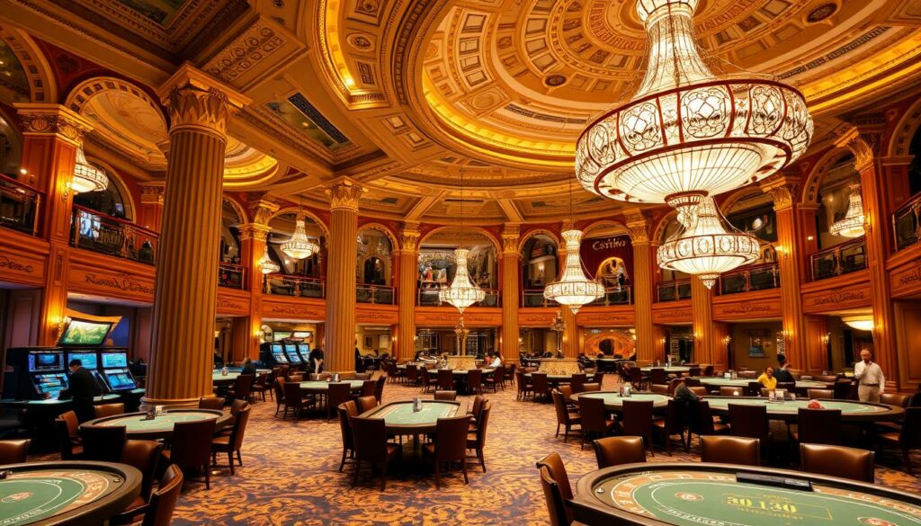 A grandiose interior of the iconic Casino Estoril, the epitome of European elegance and opulence. The expansive gaming floor is bathed in a warm, golden glow, with intricate chandeliers casting a soft, ambient light. Ornate columns and arched ceilings frame the scene, while plush, velvet-lined tables and leather-bound chairs invite guests to indulge in the thrill of high-stakes gaming. The atmosphere is one of sophistication and exclusivity, perfectly capturing the allure and mystique that has made Estoril a playground for the elite and a mecca for James Bond enthusiasts.