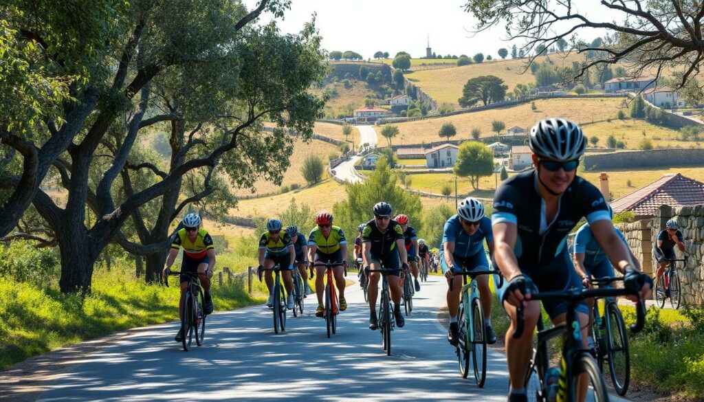 A group of cyclists navigating a picturesque rural road in central Portugal, surrounded by rolling hills, olive groves, and quaint villages. Dappled sunlight filters through the trees, casting warm shadows on the cyclists' faces as they ride with caution, wearing bright safety gear. In the foreground, a cyclist signals a turn, while others ride in a tight-knit group, mindful of their surroundings. The road winds through the lush, verdant landscape, with traditional stone walls and farm buildings in the distance, conveying a sense of tranquility and the beauty of the Portuguese countryside.