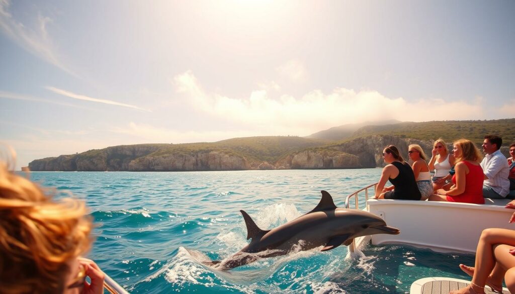 A group of tourists sitting on a boat, enjoying the scenic coastal views of the Algarve region. In the foreground, a pair of curious dolphins playfully swims alongside the vessel, their sleek, glistening bodies cutting through the azure waters. The middle ground features a panoramic vista of the rugged cliffs and lush vegetation lining the shoreline. Warm, golden sunlight filters through wispy clouds, casting a soft, serene glow over the entire scene. The mood is one of tranquility and wonder, capturing the essence of an unforgettable dolphin-watching experience. A wide-angle lens captures the overall composition, highlighting the harmony between the natural landscape and the delighted passengers on board.