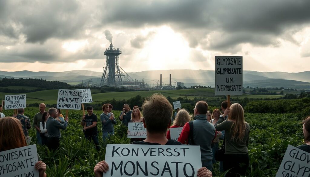 A heated debate rages on a lush, verdant landscape. In the foreground, a group of protesters hold placards decrying the use of glyphosate, a controversial herbicide. Their expressions convey a sense of urgency and determination. In the middle ground, a towering factory looms, casting an ominous shadow over the scene. The background is filled with rolling hills and a cloudy, moody sky, creating a sense of tension and unease. The lighting is dramatic, with beams of sunlight piercing through the clouds, illuminating the protesters and the factory. The overall composition evokes a sense of conflict and environmental concern, perfectly capturing the "Kontroversen um Monsanto" section of the article.