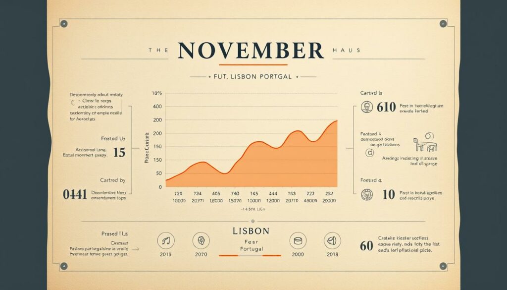 A highly detailed, visually captivating infographic depicting the November climate statistics for Lisbon, Portugal. The central focus is a crisp, meticulously rendered climate chart, presented against a subtly textured, light-toned background reminiscent of aged paper. Surrounding the chart are complementary design elements, such as minimalist icons and precise typographic treatments, all of which contribute to a clean, elegant aesthetic. The overall mood is one of sophisticated, data-driven information, presented in a manner that is both informative and visually appealing.