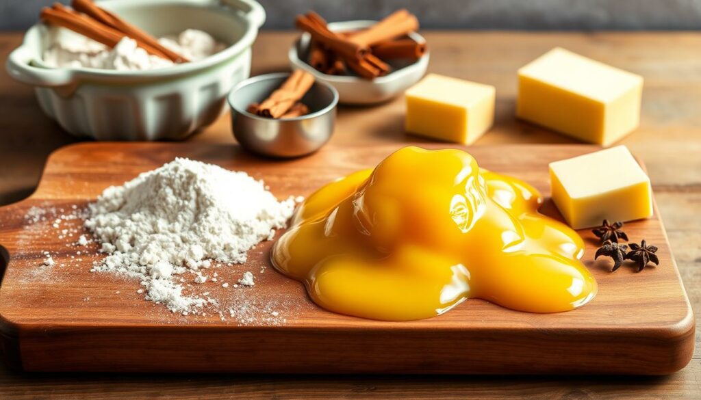 A large wooden cutting board takes center stage, adorned with the key ingredients for the authentic Pastel de Nata from Belem: a pile of golden egg yolks, a bowl of flour, and a tin of butter. The warm, natural lighting casts a soft glow, highlighting the rich, creamy textures. In the background, a vintage ceramic bowl holds fragrant cinnamon sticks and a scatter of aromatic whole cloves, hinting at the flavors to come. The scene exudes a homespun, rustic charm, inviting the viewer to imagine the traditional process of crafting this beloved Portuguese pastry.