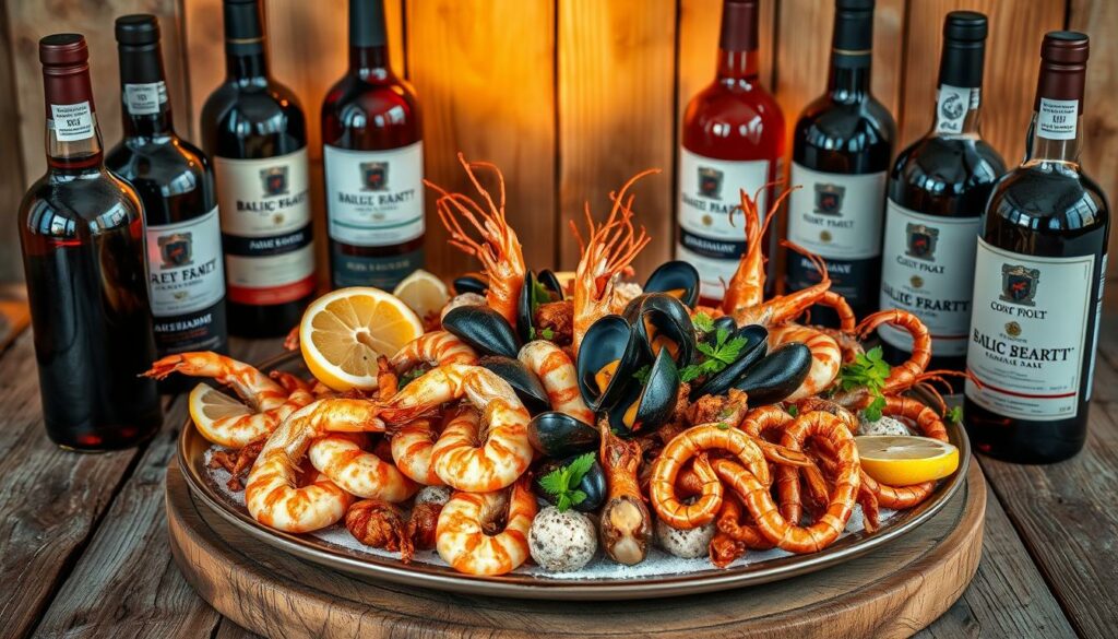 A lavish seafood platter set against the backdrop of a weathered wooden table, adorned with bottles of rich, ruby-hued Port wine. The scene is bathed in warm, golden light, creating a cozy and inviting atmosphere. Succulent shrimp, briny mussels, and tender calamari are artfully arranged, complemented by fresh lemon wedges and a sprinkle of vibrant herbs. The Port wine bottles, with their distinctive labels, stand as a testament to Portugal's renowned viticulture. This quintessential Portuguese culinary delight evokes the country's coastal charm and epicurean traditions, perfectly encapsulating the essence of the "Kulinarische Highlights und Portwein" section.