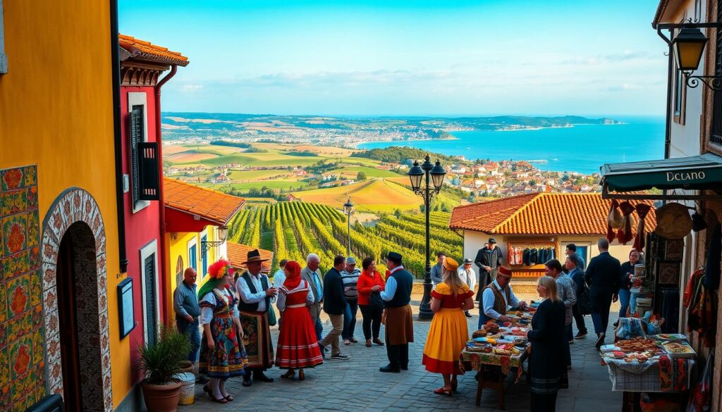 A lively scene showcasing the cultural essence of Portugal. In the foreground, vibrant tiled facades and intricate architectural details capture the rich heritage. The middle ground features colorful traditional costumes, lively street performers, and vendors selling local crafts and delicacies. In the background, rolling hills, vineyards, and a glimpse of the serene coastline set the picturesque Portuguese landscape. Warm, golden lighting imbues the scene with a sense of timeless authenticity, inviting the viewer to immerse themselves in the country's captivating cultural tapestry.