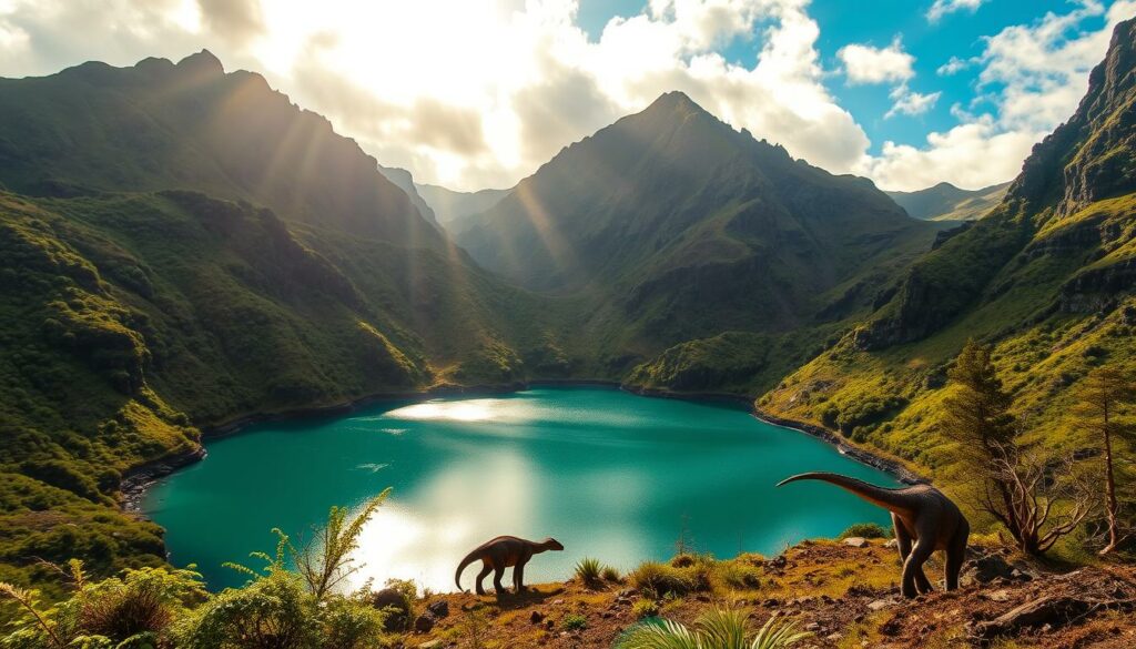 A lush, primordial landscape on the remote Azorean island of Flores, as if frozen in time. Towering volcanic peaks rise dramatically from verdant, fern-blanketed valleys, their slopes dotted with ancient, twisted trees. A shimmering, turquoise-hued lake fills a gargantuan caldera, its glassy surface reflecting the rugged, prehistoric scenery. Rays of warm, golden light filter through wispy clouds, casting a soft, ethereal glow over the scene. Dinosaur-like creatures graze peacefully in the distance, their prehistoric silhouettes adding to the sense of timelessness. Captured through the lens of a wide-angle camera, this primeval landscape exudes a primal, otherworldly atmosphere, inviting the viewer to step into a realm long forgotten by the modern world.