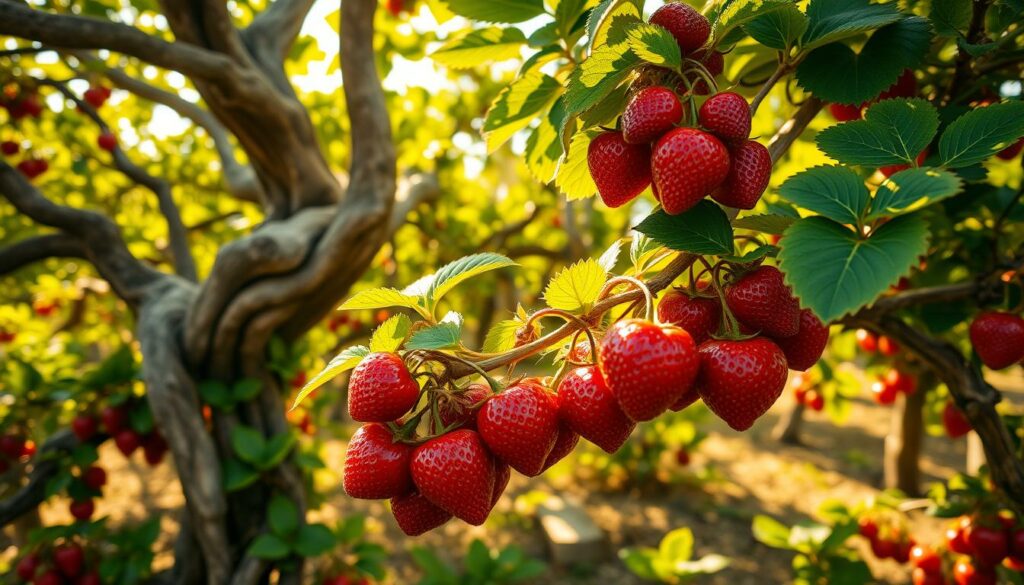 A lush, sun-dappled orchard of Arbutus unedo, the Strawberry Tree, its crimson fruits clustered among the glossy green leaves. The foreground features several ripe, plump berries, their soft, bulbous forms nestled in the branches. The middle ground shows the gnarled, twisting trunks and limbs of the ancient trees, their rough bark contrasting with the delicate foliage. In the background, a golden afternoon light filters through, casting a warm, hazy glow over the entire scene. Composed with a shallow depth of field to emphasize the vibrant, tactile quality of the fruit. Evokes the rich tradition and artisanal nature of Medronho, the traditional Portuguese distilled spirit made from these fruits.
