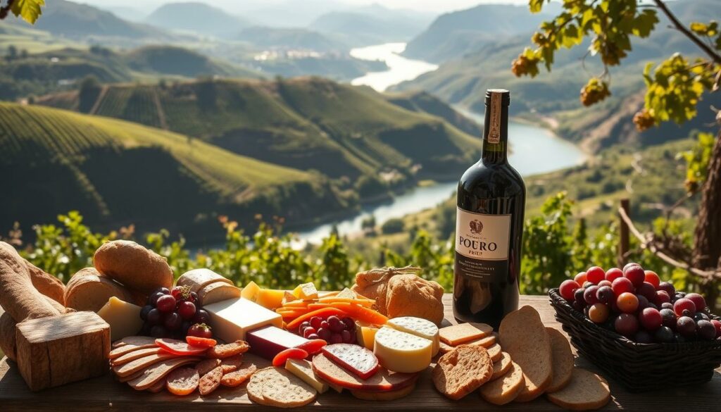 A lush, sun-dappled scene in the heart of the Douro Valley, Portugal. In the foreground, a bountiful spread of local delicacies - cured meats, artisanal cheeses, crusty bread, and a decadent bottle of ruby-red port wine. In the middle ground, rolling hills blanketed in verdant vineyards, their vines heavy with plump, ripe grapes. In the distance, the majestic Douro River winding its way through the rugged, picturesque landscape. Soft, warm lighting filters through the scene, casting a golden glow and evoking a sense of relaxation and indulgence. The overall mood is one of rustic elegance, celebrating the rich culinary traditions and breathtaking natural beauty of this renowned wine-producing region. A lush, sun-dappled scene in the heart of the Douro Valley, Portugal. In the foreground, a bountiful spread of local delicacies - cured meats, artisanal cheeses, crusty bread, and a decadent bottle of ruby-red port wine. In the middle ground, rolling hills blanketed in verdant vineyards, their vines heavy with plump, ripe grapes. In the distance, the majestic Douro River winding its way through the rugged, picturesque landscape. Soft, warm lighting filters through the scene, casting a golden glow and evoking a sense of relaxation and indulgence. The overall mood is one of rustic elegance, celebrating the rich culinary traditions and breathtaking natural beauty of this renowned wine-producing region.
