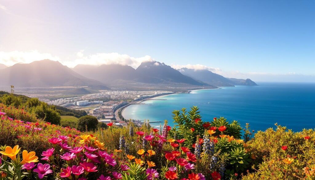 A lush, sun-drenched landscape on the island of Madeira in June. In the foreground, a vibrant array of colorful flowers and plants indigenous to the region, their petals gently swaying in the warm breeze. The middle ground features a picturesque seaside town, its whitewashed buildings and terracotta roofs contrasting beautifully against the deep blue of the Atlantic ocean. Towering mountains rise in the background, their peaks shrouded in wispy clouds that catch the golden rays of the afternoon sun. The overall scene radiates a sense of tranquility and natural beauty, perfectly capturing the ideal travel season on this verdant, subtropical paradise.