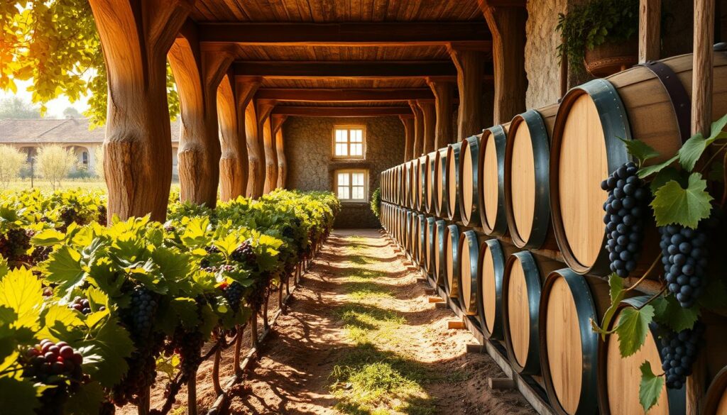A lush, sun-drenched vineyard in the heart of the Alentejo region, Portugal. Rows of robust, deep-hued Touriga Nacional and Alicante Bouschet grapes sway gently in the warm breeze. Towering oak barrels line the cellar, their well-worn staves emanating the rich, oaky notes of the powerful, full-bodied red wines they contain. A mosaic of textures and tones - the weathered, earthy tones of the soil, the vibrant green foliage, the deep crimson of the grapes. Soft, diffused natural light filters through the windows, casting a warm, golden glow over the scene. The overall impression is one of artisanal craftsmanship, centuries-old tradition, and the abundant, sun-kissed terroir of this renowned winemaking region.