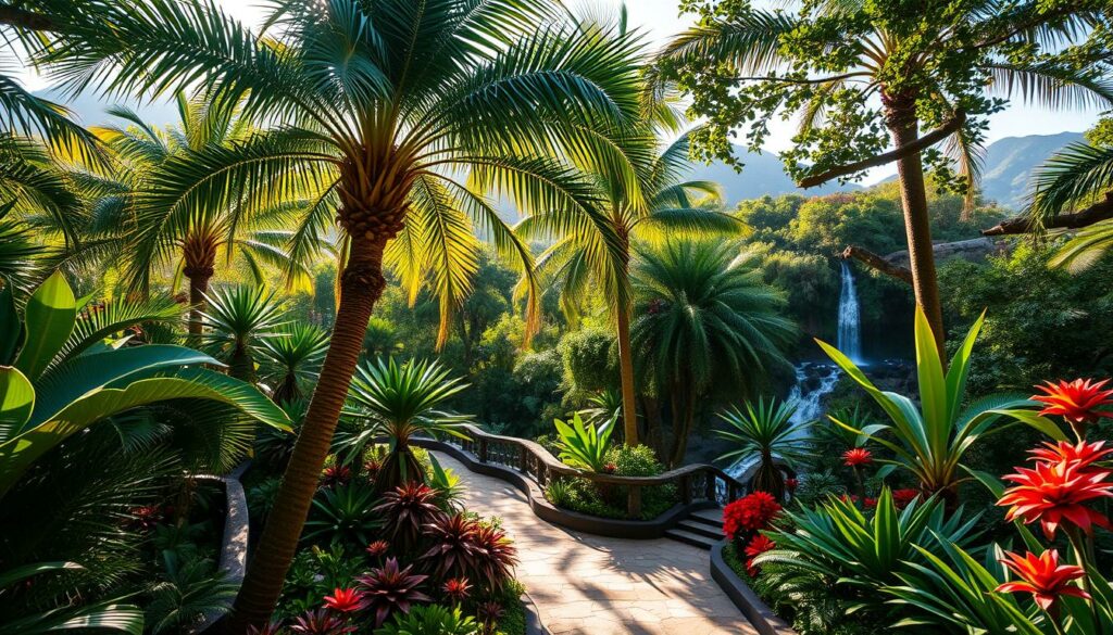 A lush, tropical paradise of vibrant foliage and cascading waterfalls, set against the backdrop of the rolling hills of Monte, Madeira. Sunlight filters through the verdant canopy, casting a warm, golden glow over the tranquil paths winding through the exotic botanical gardens. Towering palm trees sway gently in the breeze, their fronds casting intricate shadows on the stone walkways below. Vibrant blooms of vibrant reds, oranges, and purples dot the landscape, creating a feast for the senses. The scene is one of serene beauty, inviting visitors to explore the natural wonders that await them in this enchanting corner of the island.