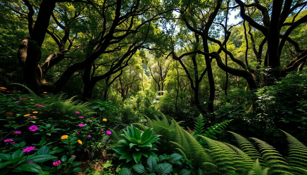 A lush, verdant Laurel forest on the island of Madeira, Portugal. In the foreground, a diverse array of endemic flora - vibrant laurel trees, fragrant flowering shrubs, and delicate ferns. In the middle ground, glimpses of endemic fauna dart through the undergrowth - the Madeira Firecrest, the Madeiran Wall Lizard, and the Trocaz Pigeon. The dappled sunlight filters through the canopy, casting a warm, golden glow. The atmosphere is one of tranquility and wonder, inviting the viewer to immerse themselves in this unique, biodiverse ecosystem. Captured with a wide-angle lens to showcase the depth and richness of this UNESCO World Heritage site.