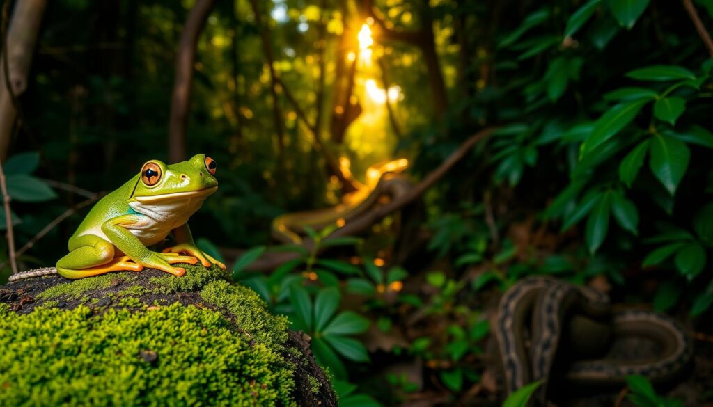 A lush, verdant backdrop of Portugal's central region, where a diverse array of reptiles and amphibians thrive in hidden pockets. In the foreground, a vibrant green tree frog perches on a mossy log, its eyes alert and inquisitive. In the middle ground, a sleek Iberian wall lizard basks in a shaft of warm, golden light, its scales glistening. Deeper in the scene, a slow-moving snake winds its way through the undergrowth, blending seamlessly with the forest floor. The overall atmosphere is one of tranquility and discovery, inviting the viewer to explore these hidden natural wonders.
