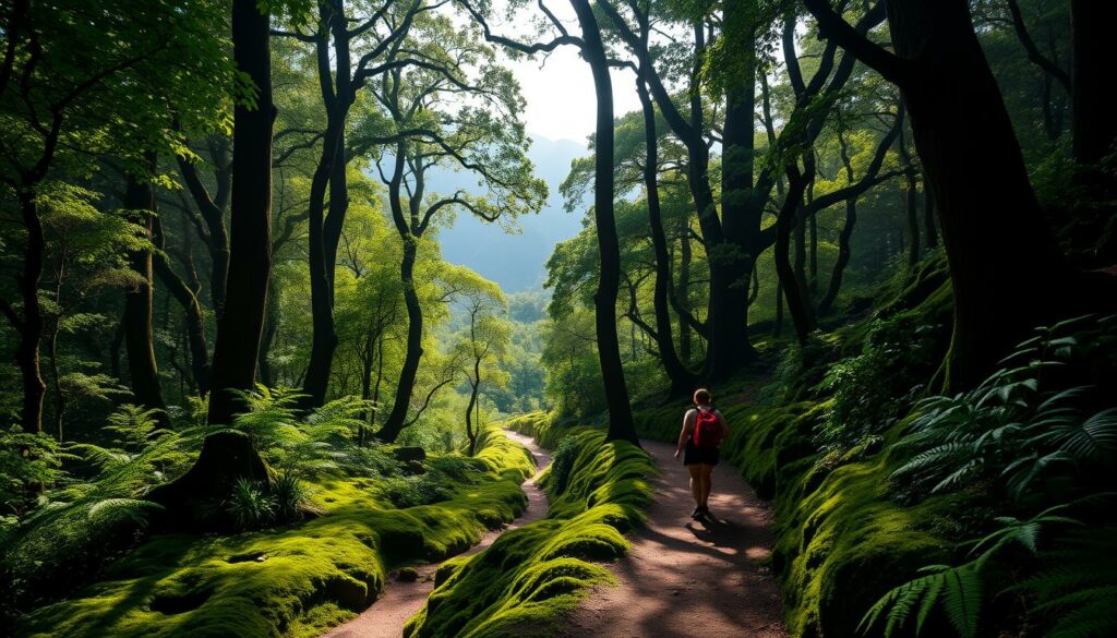A lush, verdant forest path winds through the enchanting Vereda do Fanal, a UNESCO World Heritage site on the island of Madeira. Towering laurel trees and ferns cast dappled shadows across the mossy trail, creating a serene and dreamlike atmosphere. Soft, diffused sunlight filters through the dense canopy, illuminating the rich, earthy tones of the forest floor. In the distance, a mysterious mist shrouds the peaks of rugged mountains, heightening the sense of wonder and isolation. Hikers traverse this magical realm, immersed in the timeless beauty of this ancient laurisilva forest, a true natural wonder.