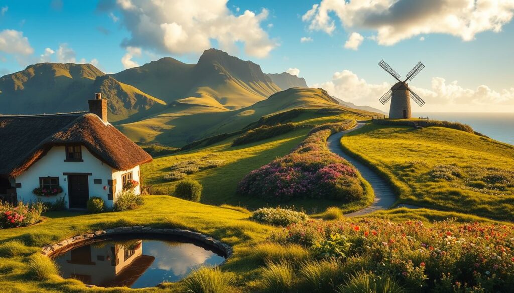 A lush, verdant landscape of rolling hills and towering cliffs on the Azores islands, bathed in warm, golden sunlight. In the foreground, a traditional stone house with a thatched roof, its whitewashed walls adorned with colorful flowers. Nearby, a tranquil pond reflects the surrounding natural beauty. In the middle ground, a winding path leads through a vibrant meadow filled with wildflowers, inviting visitors to explore the island's cultural heritage. In the distance, a historic windmill stands tall, its sails catching the ocean breeze. The scene conveys a sense of timeless, sustainable harmony between the Azorean people and their stunning natural environment.