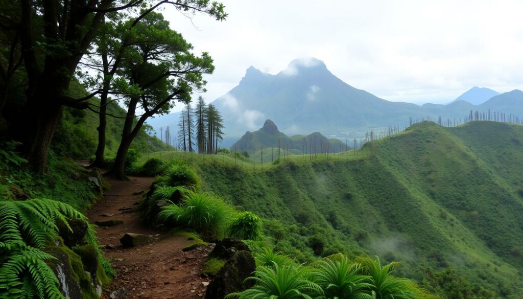 A lush, verdant landscape on the island of Madeira, Portugal, in February. In the foreground, a hiking trail winds through a dense, misty forest, with towering ferns and moss-covered rocks lining the path. The middle ground reveals rugged, rolling hills blanketed in a patchwork of vibrant greens, dotted with the occasional stand of tall, slender trees. In the distance, the iconic peaks of Madeira's volcanic mountains rise majestically, their jagged silhouettes shrouded in a soft, atmospheric haze. The overall scene is imbued with a sense of tranquility and adventure, inviting the viewer to embark on a serene and invigorating hiking journey through this enchanting island paradise.
