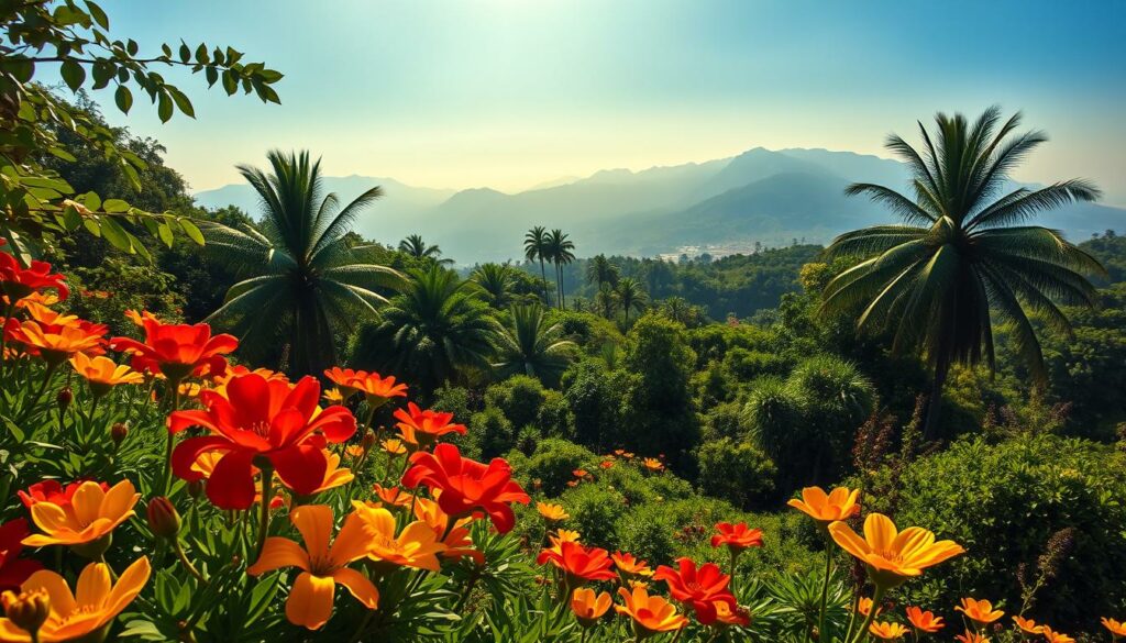 A lush, verdant landscape on the island of Madeira, bathed in the warm glow of a September sun. In the foreground, a vibrant array of blooming flowers, their petals unfurling in shades of vibrant reds, yellows, and purples. The middle ground reveals a riot of leafy vegetation, with towering palm trees and dense, verdant foliage. In the background, a hazy, atmospheric mountain range, shrouded in a soft, ethereal mist. The scene is captured with a wide-angle lens, offering a panoramic perspective that immerses the viewer in the natural beauty of Madeira's captivating flora. The overall mood is one of tranquility and wonder, inviting the viewer to lose themselves in the serene splendor of this verdant island paradise.