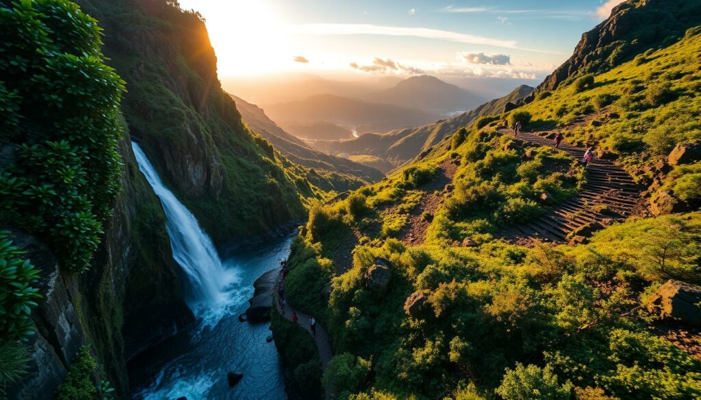 A lush, verdant landscape on the island of Madeira, showcasing its natural wonders and adventurous activities. In the foreground, a cascading waterfall flows into a serene pool, surrounded by towering cliffs and dense, vibrant foliage. The middle ground features a rugged hiking trail winding through a rugged, mountainous terrain, with adventurous hikers exploring the scenic routes. In the background, rolling hills and distant peaks rise up, bathed in warm, golden light from the sun filtering through wispy clouds. The scene captures the essence of Madeira's stunning natural beauty and the thrill of outdoor exploration, inviting the viewer to immerse themselves in the island's captivating landscapes. A lush, verdant landscape on the island of Madeira, showcasing its natural wonders and adventurous activities. In the foreground, a cascading waterfall flows into a serene pool, surrounded by towering cliffs and dense, vibrant foliage. The middle ground features a rugged hiking trail winding through a rugged, mountainous terrain, with adventurous hikers exploring the scenic routes. In the background, rolling hills and distant peaks rise up, bathed in warm, golden light from the sun filtering through wispy clouds. The scene captures the essence of Madeira's stunning natural beauty and the thrill of outdoor exploration, inviting the viewer to immerse themselves in the island's captivating landscapes.