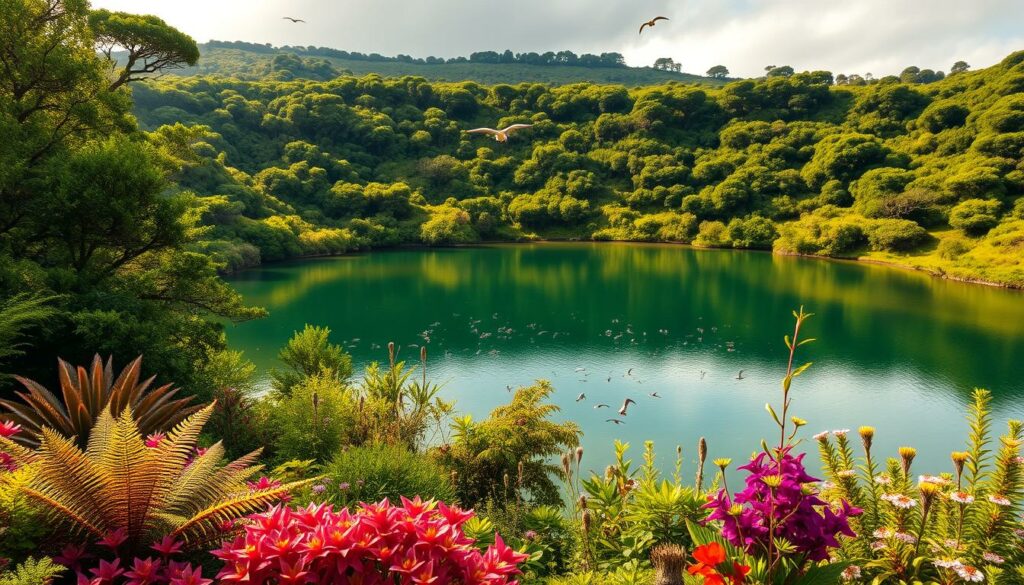 A lush, verdant landscape surrounding a tranquil crater lake on the island of São Miguel. In the foreground, a diverse array of vibrant flora - towering tree ferns, vibrant azaleas, and delicate wildflowers - create a captivating tapestry of color. Crystalline waters reflect the surrounding foliage, while schools of endemic fish dart through the pristine depths. In the middle ground, birds indigenous to the Azores soar gracefully above the lake, their calls echoing across the stillness. The distant slopes are blanketed in a mosaic of native shrubs and trees, creating a sense of peaceful isolation. Warm, diffused sunlight filters through the forest canopy, casting a serene, magical glow over the entire scene. The overall impression is one of unspoiled natural harmony, inviting the viewer to immerse themselves in the beauty of this ecological haven.