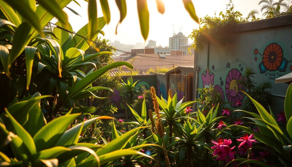 A lush, vibrant garden oasis in Lagos, Nigeria, bathed in warm, golden sunlight. In the foreground, a variety of tropical plants and flowers create a serene, lush environment, their leaves gently swaying in the soft breeze. The middle ground features colorful, whimsical street art adorning the walls, adding a touch of creative energy to the scene. In the background, the buildings of Lagos' urban landscape provide a striking contrast, hinting at the dynamic nature of the city. The overall composition captures a sense of tranquility and escape, inviting the viewer to immerse themselves in this verdant, artistic sanctuary amidst the bustling city.