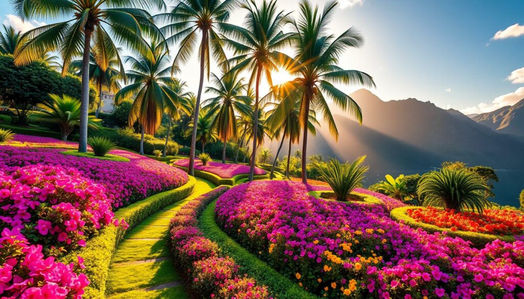 A lush, vibrant garden on the enchanting Madeira Island, bursting with a kaleidoscope of blooming flowers. Manicured pathways weave through a verdant landscape, framed by towering palm trees and rugged mountains in the distance. Warm, golden sunlight filters through the canopy, casting a serene glow over the scene. Colorful flora in shades of pink, purple, and yellow dance in the gentle breeze, creating a tranquil, natural oasis. The tranquil atmosphere and breathtaking vistas evoke the essence of Portugal's stunning island paradise, a must-see destination for any budget-conscious traveler.