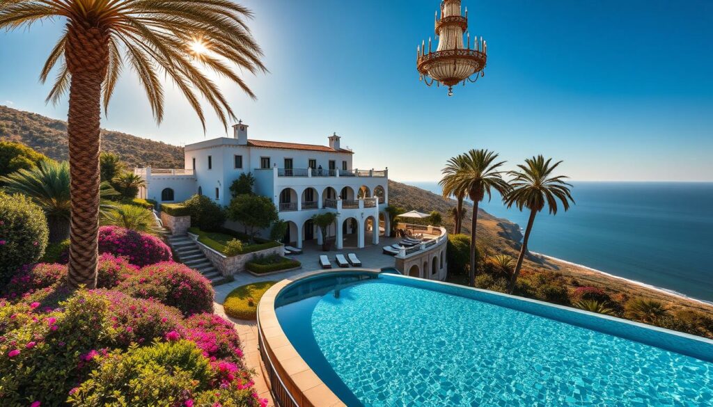 A luxurious Portuguese hotel nestled amidst rolling hills, its whitewashed facade glistening in the warm Mediterranean sunlight. Lush gardens surround the property, fragrant with blooming flowers and towering palm trees. In the foreground, a sparkling infinity pool reflects the azure sky, inviting guests to relax and unwind. The interior boasts elegant furnishings, plush fabrics, and opulent chandeliers, creating an atmosphere of refined sophistication. Panoramic windows offer breathtaking views of the distant coastline and the shimmering ocean beyond. This is a haven of tranquility and indulgence, a true embodiment of the best that Portugal's high-end hospitality has to offer.