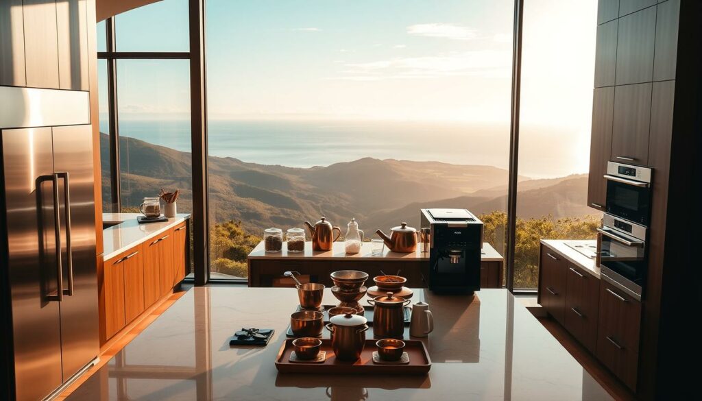A luxurious kitchen interior set in the picturesque landscape of Madeira. The foreground showcases a sleek, modern kitchen with high-end stainless steel appliances, marble countertops, and glossy wooden cabinetry. Ample natural light streams in through large windows, offering a breathtaking view of the lush, rolling hills and azure ocean in the distance. The middle ground features a neatly arranged display of premium kitchenware, including copper pots, artisanal ceramics, and a state-of-the-art coffee machine. The background is a serene, golden-hour landscape, with wispy clouds and a warm, inviting atmosphere that evokes the island's laid-back, Mediterranean charm.