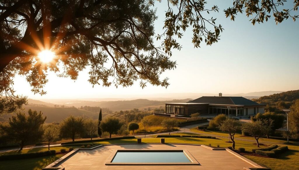 A luxurious meditation retreat nestled amidst the serene rolling hills of central Portugal. A sprawling Quinta (country estate) surrounded by ancient olive groves and fragrant gardens, where sunlight filters through the canopy, casting a warm, golden glow. In the foreground, a tranquil courtyard with a reflection pool, inviting guests to pause and find inner peace. The middle ground features a contemporary yet rustic main building, its clean lines and natural materials blending seamlessly with the bucolic landscape. In the distance, the hazy silhouettes of distant mountains provide a breathtaking backdrop, instilling a sense of spaciousness and solitude. Capture the essence of relaxation, wellness, and the refinement of this luxurious meditation retreat in Portugal.