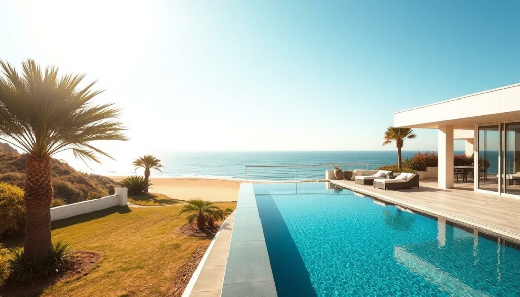 A luxurious villa nestled along the picturesque Algarve coastline, its glistening infinity pool mirroring the azure waters of the ocean beyond. The villa's sleek, modern architecture seamlessly blends with the natural surroundings, creating a serene and inviting atmosphere. Towering palm trees sway gently in the warm, Mediterranean breeze, and the soft, golden sand of the nearby Prainha beach beckons in the distance. Sunlight filters through the villa's large, floor-to-ceiling windows, casting a warm, inviting glow throughout the interior spaces. The outdoor terrace, complete with plush lounge furniture and a well-appointed dining area, offers unparalleled views of the stunning Algarve landscape, creating the perfect setting for relaxation and indulgence.