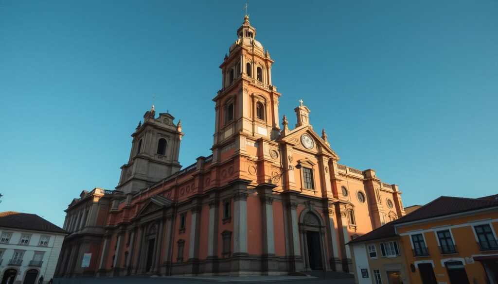A magnificent Baroque church, the Igreja dos Clérigos, rises majestically against a clear blue sky. The towering bell tower, with its intricate carvings and golden accents, dominates the scene, casting dramatic shadows across the ornate facade. The church's warm, ochre-hued walls and ornamental details create a sense of grandeur and timelessness. In the foreground, cobblestone streets and quaint buildings provide a picturesque setting, inviting the viewer to explore the historic charm of this iconic Porto landmark. Soft, diffused lighting highlights the architectural details, creating a serene and contemplative atmosphere. A wide-angle lens captures the full scope of this architectural masterpiece, showcasing its impressive scale and ornate design.