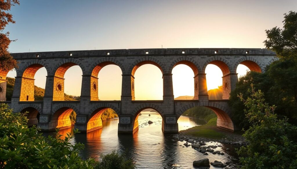 A magnificent Roman bridge spanning the picturesque Ponsul River in the historic village of Idanha-a-Velha, Portugal. Weathered granite arches rise gracefully against a warm, golden sky, casting long shadows across the tranquil waters. Lush greenery frames the scene, creating a serene, timeless atmosphere. The bridge stands as a testament to the region's storied Roman heritage, its sturdy construction a testament to the engineering prowess of ancient builders. Capture the bridge's grandeur through a wide-angle lens, framing the entire structure with a low perspective to emphasize its impressive scale and timeless elegance. Convey a sense of awe and reverence for this remarkable architectural relic from Portugal's past.