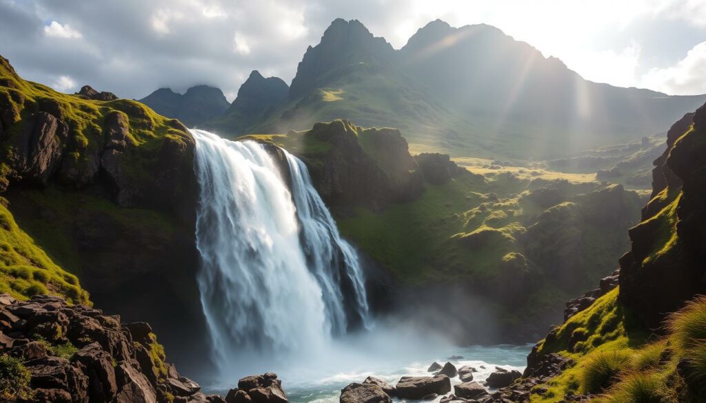 A magnificent waterfall cascading over rugged cliffs, surrounded by lush, verdant vegetation. The Salto do Cabrito Waterfall on the island of São Miguel, Azores, captured in stunning detail. Sunlight filters through the mist, casting a warm glow over the cascading waters. The foreground features the powerful, churning falls, while the middle ground showcases the rocky, moss-covered terrain. In the background, towering green mountains rise majestically, creating a dramatic, picturesque landscape. Capture the awe-inspiring beauty and adventurous spirit of this natural wonder with a wide-angle lens, highlighting the scale and grandeur of this breathtaking waterfall.