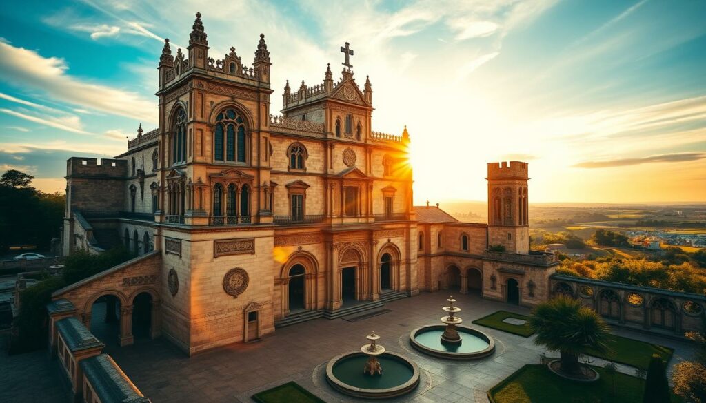 A majestic Convento de Cristo, the ancient Templar castle and monastery, stands tall against a vibrant sky. The sun's golden rays illuminate the intricate stone façade, casting warm shadows across the ornate Gothic architecture. In the foreground, the iconic Manueline-style windows and elaborate sculptural details catch the eye, hinting at the rich history within. The middle ground reveals the sweeping courtyard, where tranquil fountains and lush greenery create a serene ambiance. In the distance, the rolling hills and distant horizon frame this magnificent landmark, a testament to the enduring legacy of the Templar Knights in Tomar.