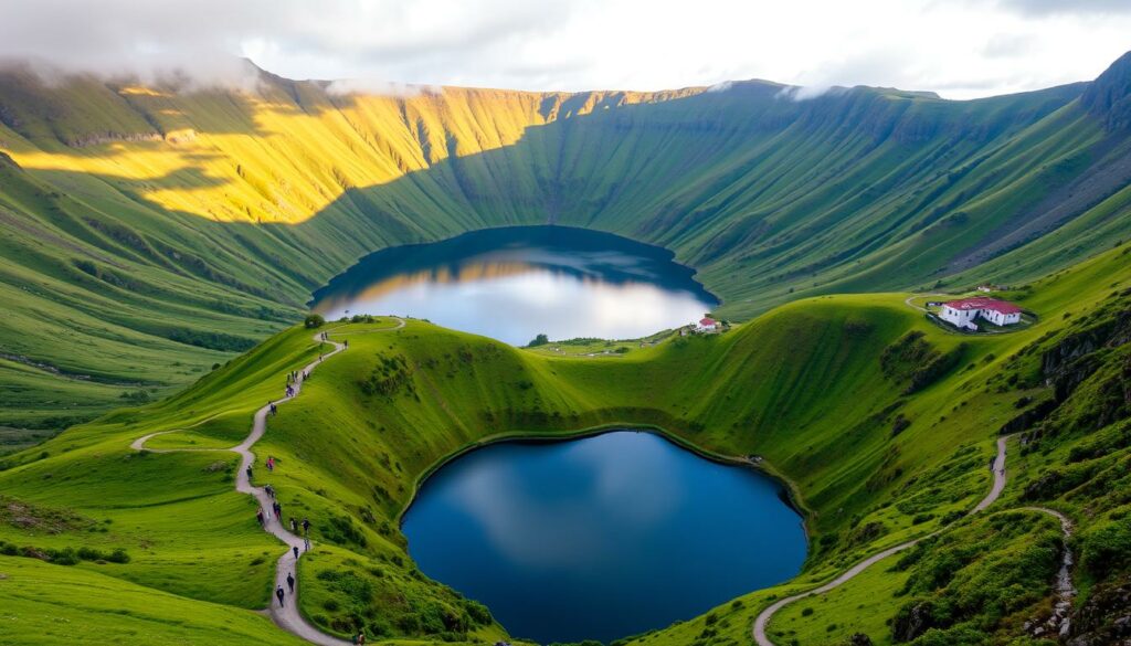 A majestic aerial view of the Sete Cidades caldera, a stunning volcanic crater on the island of São Miguel in the Azores. The lush, verdant slopes descend into a tranquil, mirror-like lake, its waters reflecting the surrounding hills and sky. In the foreground, hiking trails wind through the caldera, with people exploring the diverse flora and fauna. The mid-ground showcases traditional Azorean architecture, with whitewashed houses and red-tiled roofs dotting the landscape. The background is dominated by the dramatic, steep cliffs of the caldera, bathed in warm, golden sunlight. The entire scene conveys a sense of serene, untamed natural beauty, inviting visitors to immerse themselves in the captivating activities and landscapes of this remarkable geological wonder.