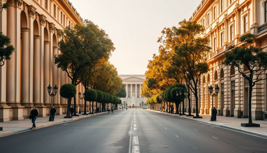 A majestic avenue framed by grand neoclassical architecture, the Avenida dos Aliados in Porto exudes timeless elegance. Towering colonnades and ornate facades line the broad, tree-lined promenade, bathed in warm, golden light. Intricate decorative elements, such as sculpted pediments and ornamental balustrades, add a sense of opulence. The perspective draws the eye towards a central focal point, perhaps a grand fountain or statue, creating a harmonious and visually striking composition. Pedestrians stroll along the tree-shaded sidewalks, adding a touch of human scale and activity to the scene. The overall mood is one of grandeur, sophistication, and the timeless beauty of classical European architecture. A majestic avenue framed by grand neoclassical architecture, the Avenida dos Aliados in Porto exudes timeless elegance. Towering colonnades and ornate facades line the broad, tree-lined promenade, bathed in warm, golden light. Intricate decorative elements, such as sculpted pediments and ornamental balustrades, add a sense of opulence. The perspective draws the eye towards a central focal point, perhaps a grand fountain or statue, creating a harmonious and visually striking composition. Pedestrians stroll along the tree-shaded sidewalks, adding a touch of human scale and activity to the scene. The overall mood is one of grandeur, sophistication, and the timeless beauty of classical European architecture.