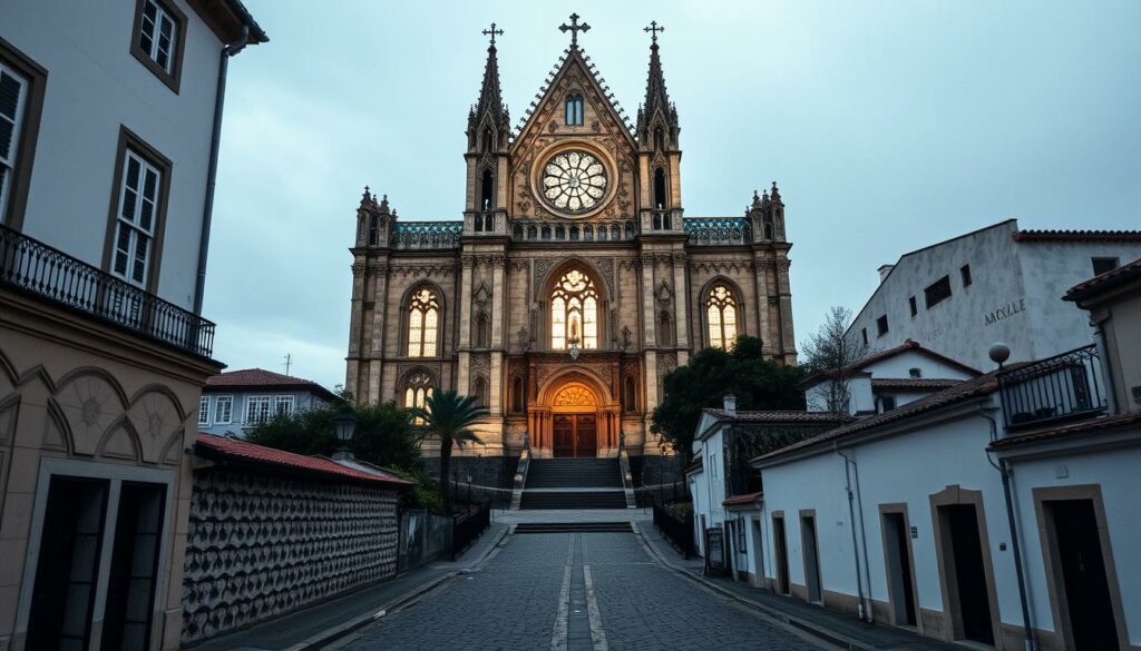 A majestic, centuries-old Knochenkapelle nestled in the historic heart of Faro, Portugal. Intricate Gothic architecture casts a serene, somber mood, with ornate bone detailing adorning the exterior. The chapel's towering spires and stained glass windows bathe the interior in a warm, ethereal light, illuminating the bone-lined walls and vaulted ceilings. In the foreground, cobblestone streets and quaint townhouses give way to the chapel's imposing presence, a poignant reminder of the region's rich cultural heritage. A winding path leads visitors inward, inviting them to explore this singular, haunting landmark - a window into Faro's captivating history and a testament to the Algarve's depth beyond its beaches.