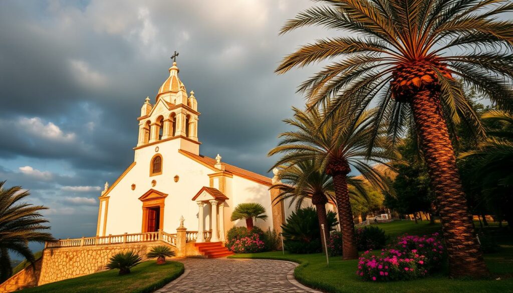 A majestic chapel nestled atop the cliffs of Cabo Girão, its striking white facade bathed in warm, golden light. The ornate bell tower rises gracefully, its intricate details casting intricate shadows across the weathered stone. In the foreground, a cobblestone path winds through a lush garden, framed by towering palm trees and vibrant flowering plants. The chapel's spire is silhouetted against a dramatic, cloud-streaked sky, conveying a sense of timeless spiritual resonance. The overall scene exudes a serene, contemplative atmosphere, reflecting the cultural significance of this iconic landmark within the stunning natural landscape of Cabo Girão. A majestic chapel nestled atop the cliffs of Cabo Girão, its striking white facade bathed in warm, golden light. The ornate bell tower rises gracefully, its intricate details casting intricate shadows across the weathered stone. In the foreground, a cobblestone path winds through a lush garden, framed by towering palm trees and vibrant flowering plants. The chapel's spire is silhouetted against a dramatic, cloud-streaked sky, conveying a sense of timeless spiritual resonance. The overall scene exudes a serene, contemplative atmosphere, reflecting the cultural significance of this iconic landmark within the stunning natural landscape of Cabo Girão.