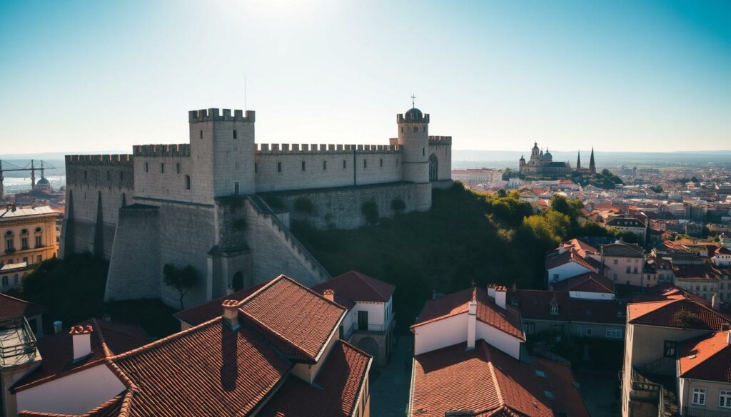 A majestic hilltop fortress, the Castelo de São Jorge in Lissabon stands tall, its weathered stone walls and towers casting long shadows across the winding streets of the Alfama district below. Sunlight glints off the red-tiled roofs of surrounding buildings, creating a warm, inviting atmosphere. In the foreground, the castle's grand entrance beckons visitors to explore its centuries-old history, while in the background, the city's iconic skyline, with its church spires and distant hills, provides a stunning backdrop. The scene conveys a sense of timeless grandeur, capturing the essence of Alfama's rich cultural heritage and architectural beauty.