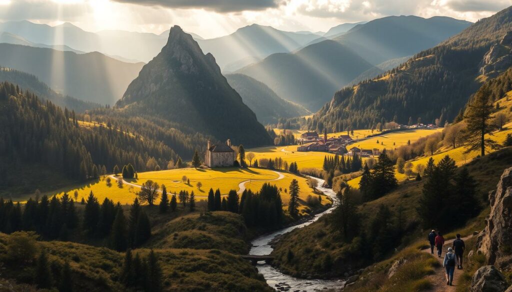 A majestic landscape of rolling hills and lush forests, the Nationalpark Peneda-Gerês in northern Portugal stands as a natural wonder. Towering granite peaks rise above a tapestry of verdant meadows, dotted with ancient villages and winding trails. Rays of warm sunlight filter through the canopy, casting a golden glow over the scene. In the foreground, a winding river cuts through the terrain, its waters shimmering with reflected light. Hikers navigate the rugged paths, their silhouettes adding a sense of scale and adventure. The overall atmosphere is one of tranquility and timeless beauty, inviting the viewer to immerse themselves in the serene splendor of this protected natural landscape.