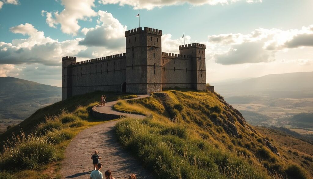 A majestic medieval castle, Burg Castelo Rodrigo, perched atop a rugged hilltop, its imposing stone walls and towers casting long shadows across the surrounding countryside. In the foreground, a winding path leads visitors towards the grand entrance, flanked by lush greenery and wildflowers. Warm sunlight filters through the gaps in the clouds, illuminating the weathered facade and creating a sense of timeless grandeur. In the middle ground, a small group of tourists pause to admire the impressive architecture, their silhouettes providing a sense of scale. In the background, the rolling hills and valleys of the Portuguese countryside stretch out, creating a picturesque and tranquil setting for this historic landmark. An atmospheric, cinematic image that captures the essence of planning a visit to this captivating medieval castle.