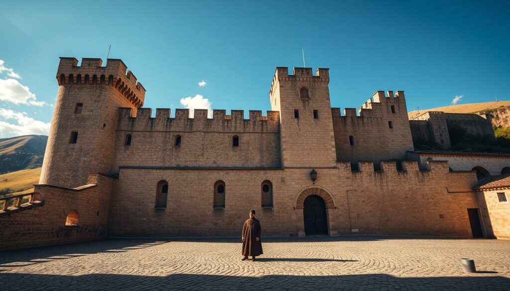 A majestic medieval castle rises against a backdrop of rolling hills and a cloudless azure sky. The ancient stone walls, adorned with intricate battlements and towers, cast long shadows across the cobblestone courtyard below. Sunlight filters through arched windows, illuminating the weathered facade and hinting at the rich history that lies within. In the foreground, a lone figure in traditional Moorish garb stands contemplatively, a subtle nod to the castle's past as a strategic outpost during the Reconquista. The scene exudes an air of timeless grandeur, inviting the viewer to step back in time and immerse themselves in the captivating story of Mértola's storied past.
